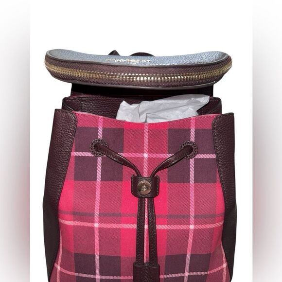 Kate ♠️ Spade Leila Red/Pink Plaid Medium Backpack w/pebbled leather - EUC